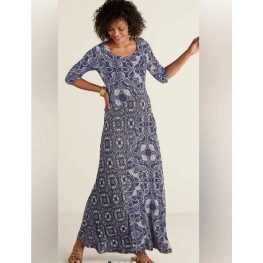 Soft Surroundings Juliette Jersey Maxi Dress Dark Navy Neutral Tile Med NWT $140